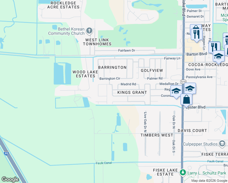 map of restaurants, bars, coffee shops, grocery stores, and more near 1101 Basque Drive in Rockledge