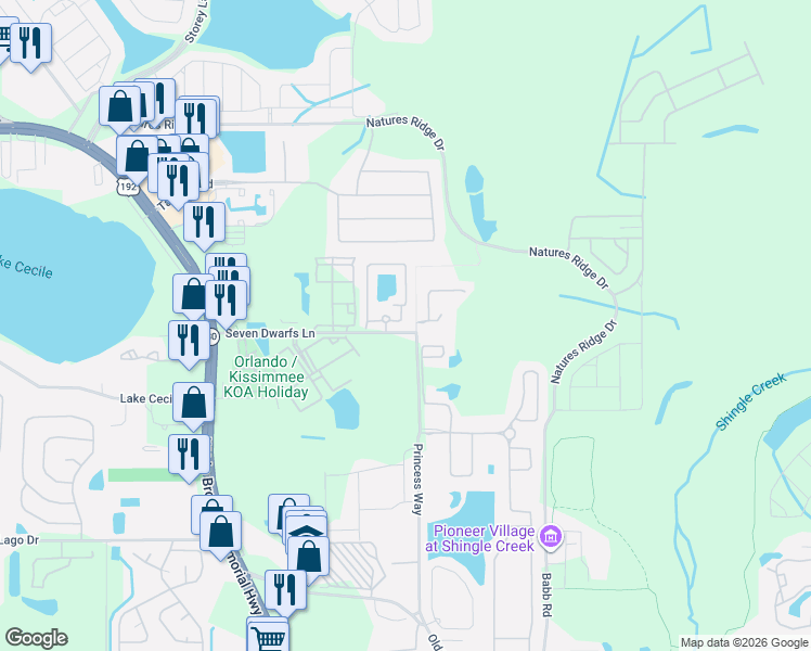 map of restaurants, bars, coffee shops, grocery stores, and more near 2894 Club Cortile Circle in Kissimmee