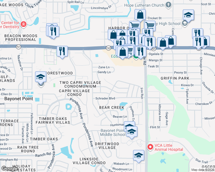 map of restaurants, bars, coffee shops, grocery stores, and more near 8605 Briar Patch Drive in Port Richey