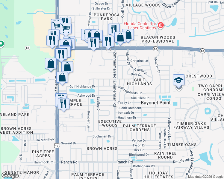 map of restaurants, bars, coffee shops, grocery stores, and more near 7415 Abalone Drive in Port Richey