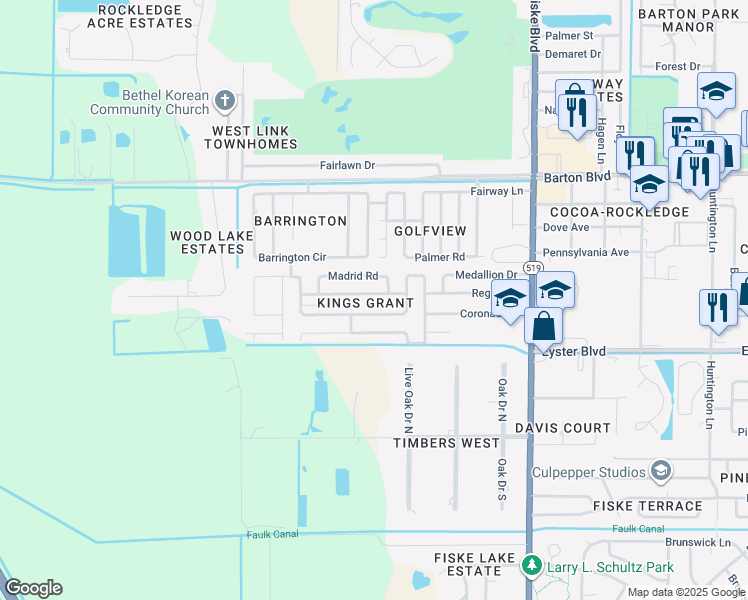 map of restaurants, bars, coffee shops, grocery stores, and more near 1077 Basque Drive in Rockledge