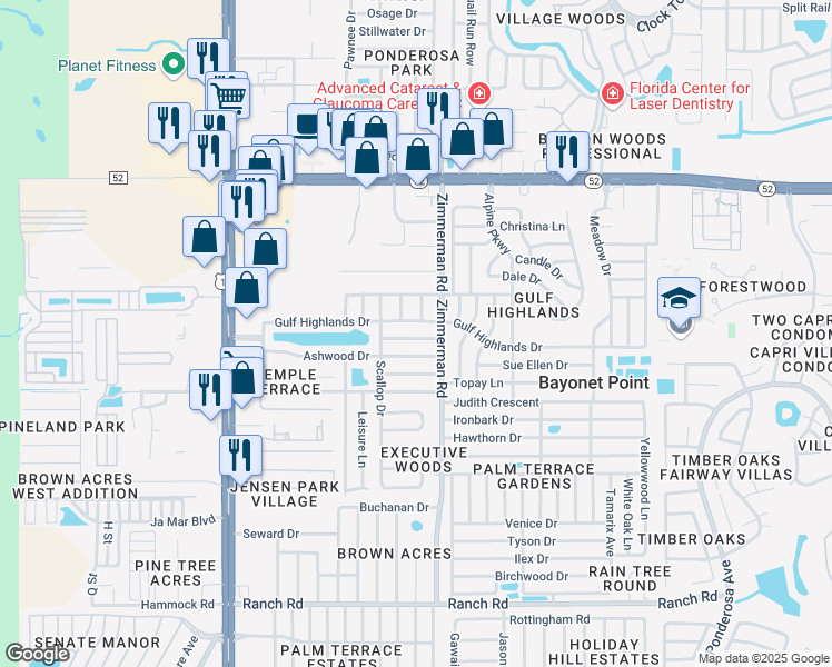 map of restaurants, bars, coffee shops, grocery stores, and more near 7415 Abalone Drive in Port Richey