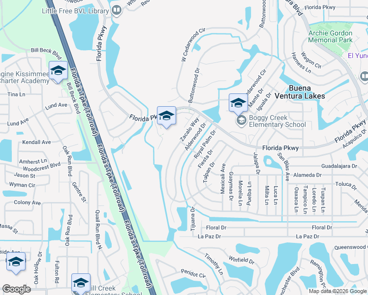 map of restaurants, bars, coffee shops, grocery stores, and more near 131 Zacalo Way in Kissimmee