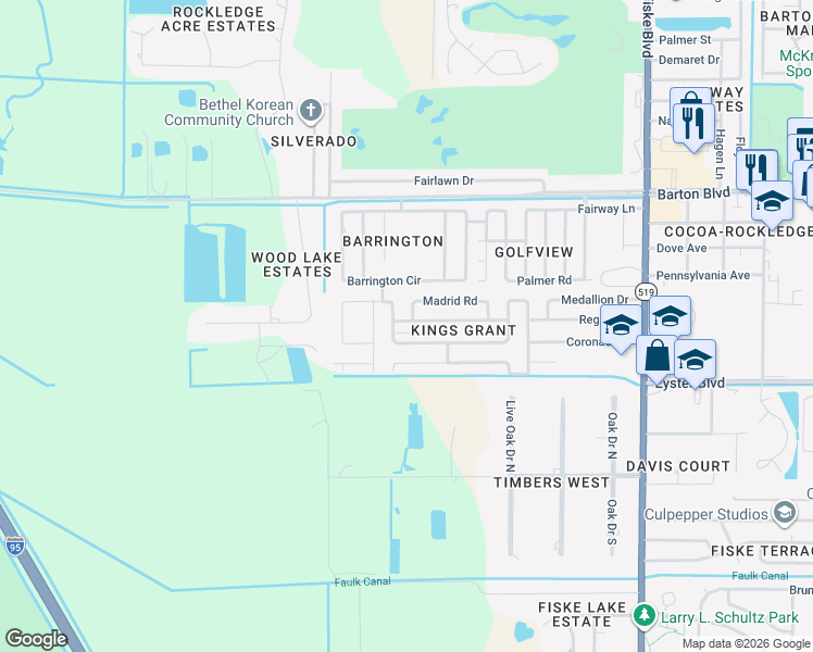 map of restaurants, bars, coffee shops, grocery stores, and more near 1101 Basque Drive in Rockledge