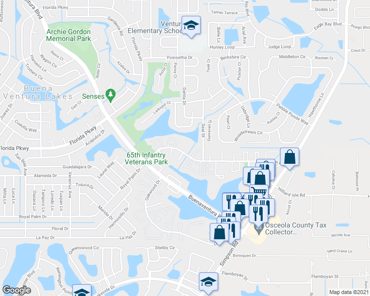 map of restaurants, bars, coffee shops, grocery stores, and more near 251 Taylor Lane in Kissimmee