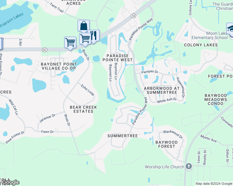 map of restaurants, bars, coffee shops, grocery stores, and more near 11618 Bayonet Lane in New Port Richey