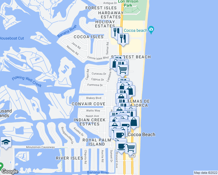 map of restaurants, bars, coffee shops, grocery stores, and more near 500 Catalina Road in Cocoa Beach