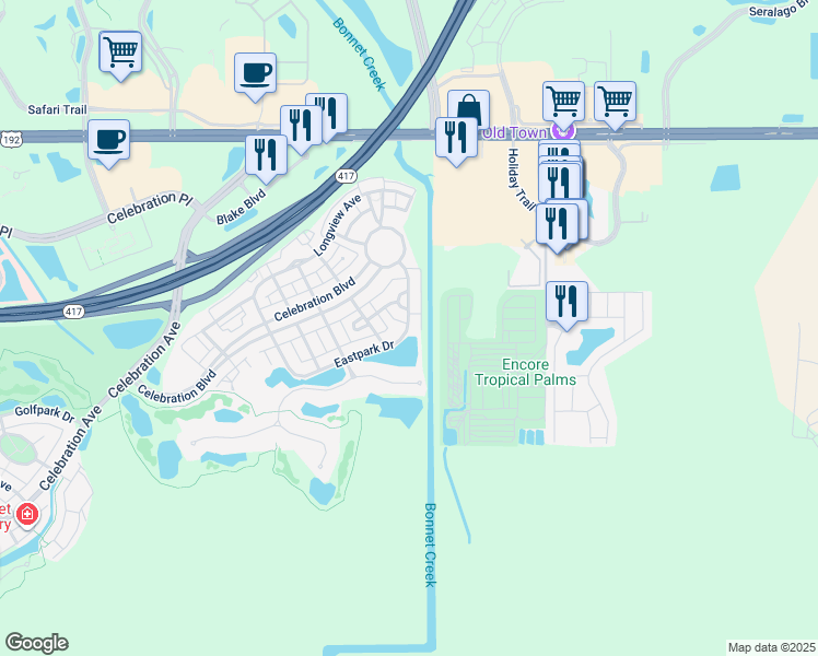 map of restaurants, bars, coffee shops, grocery stores, and more near 132B Eastpark Drive in Celebration