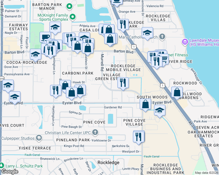 map of restaurants, bars, coffee shops, grocery stores, and more near 1187 Luther Drive in Rockledge