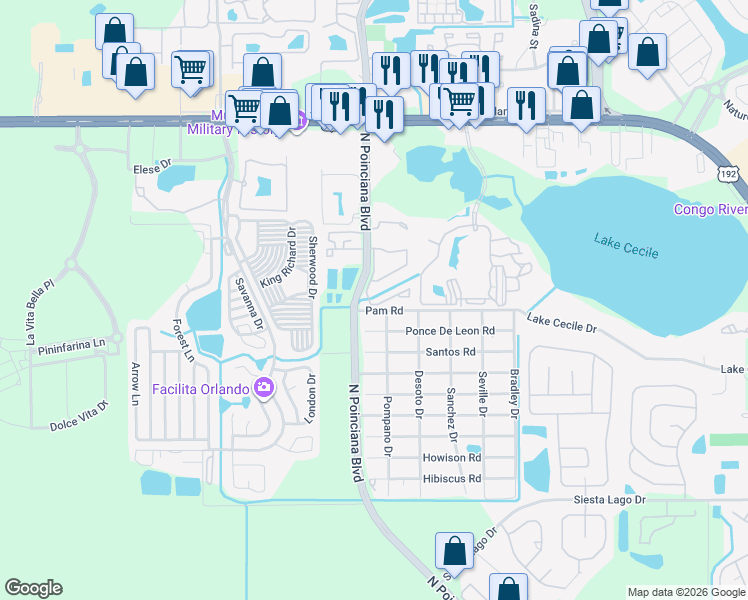 map of restaurants, bars, coffee shops, grocery stores, and more near 2727 North Poinciana Boulevard in Kissimmee