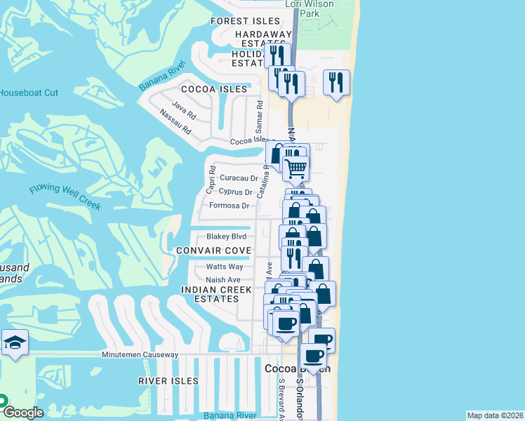 map of restaurants, bars, coffee shops, grocery stores, and more near 400 Catalina Road in Cocoa Beach