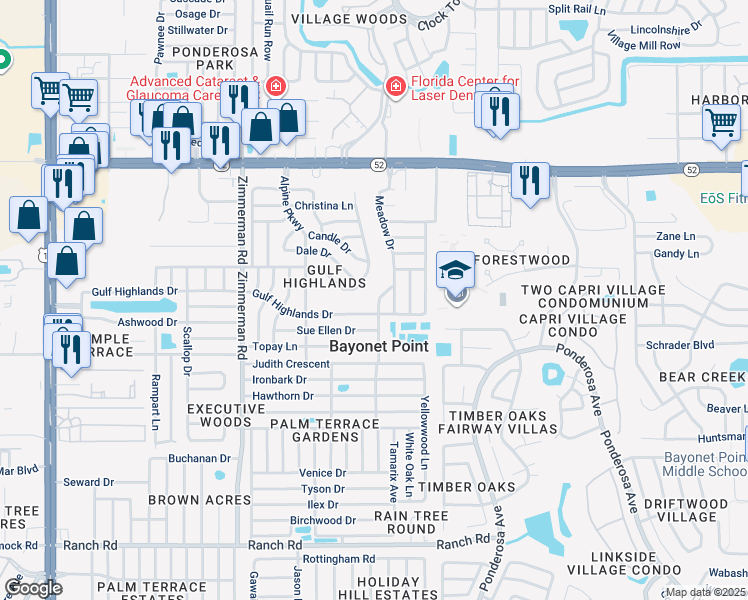 map of restaurants, bars, coffee shops, grocery stores, and more near 11615 Meadow Drive in Port Richey