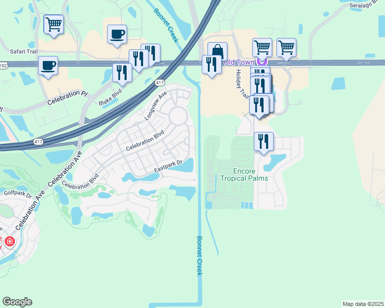map of restaurants, bars, coffee shops, grocery stores, and more near 132B Eastpark Drive in Celebration