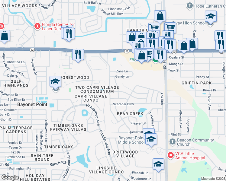 map of restaurants, bars, coffee shops, grocery stores, and more near 8521 Briar Patch Drive in Port Richey