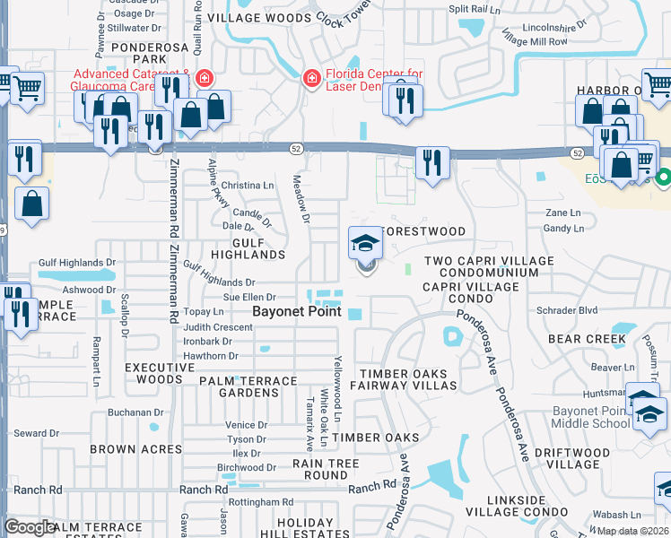 map of restaurants, bars, coffee shops, grocery stores, and more near 11615 Paige Drive in Port Richey