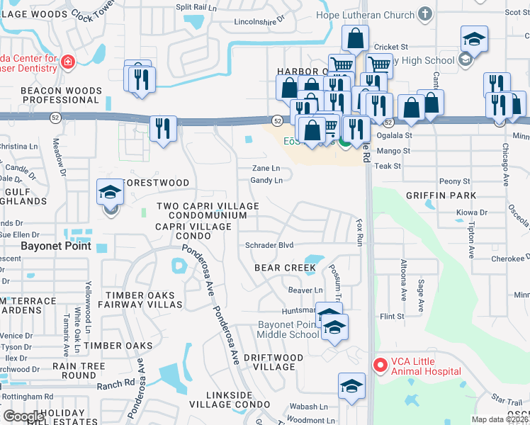 map of restaurants, bars, coffee shops, grocery stores, and more near 8605 Briar Patch Drive in Port Richey