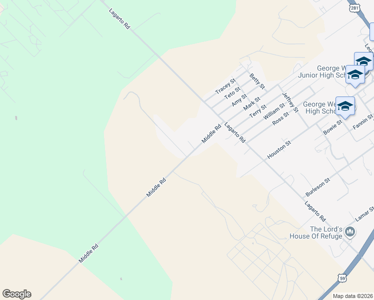 map of restaurants, bars, coffee shops, grocery stores, and more near 105 Hunters Ridge Loop in George West