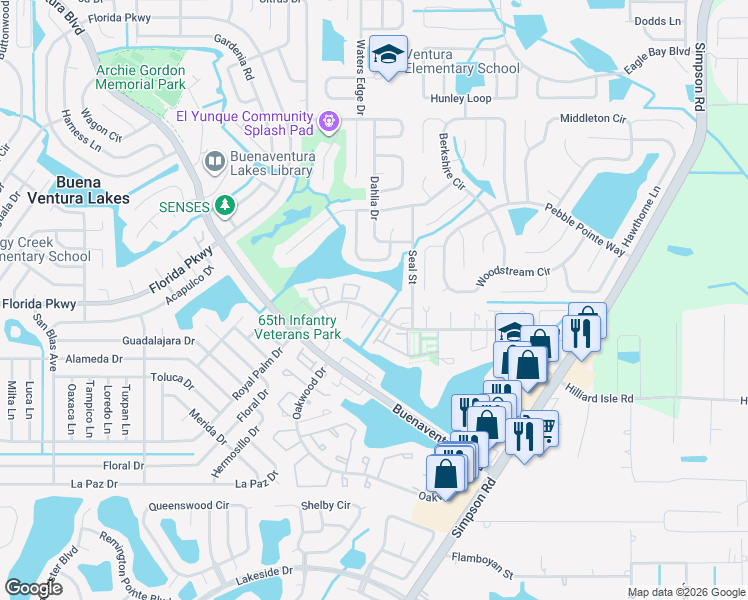 map of restaurants, bars, coffee shops, grocery stores, and more near 251 Taylor Lane in Kissimmee