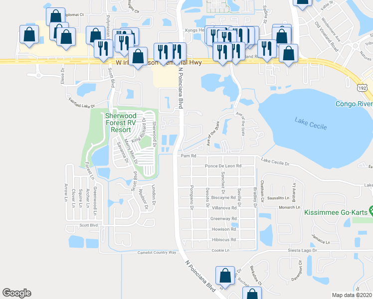 map of restaurants, bars, coffee shops, grocery stores, and more near 2727 North Poinciana Boulevard in Kissimmee