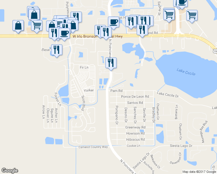 map of restaurants, bars, coffee shops, grocery stores, and more near 2717 South Poinciana Boulevard in Kissimmee