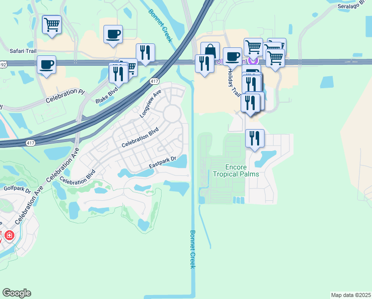 map of restaurants, bars, coffee shops, grocery stores, and more near 132B Eastpark Drive in Celebration