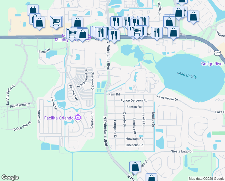 map of restaurants, bars, coffee shops, grocery stores, and more near 2727 North Poinciana Boulevard in Kissimmee