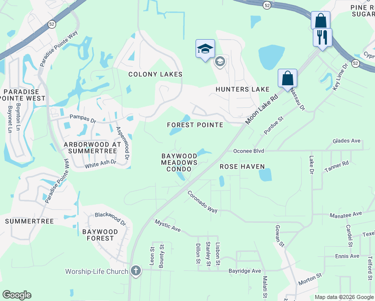 map of restaurants, bars, coffee shops, grocery stores, and more near 11606 Baywood Meadows Drive in New Port Richey