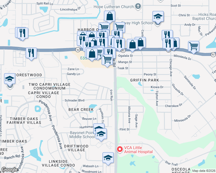 map of restaurants, bars, coffee shops, grocery stores, and more near 11611 Bear Paw Lane in Port Richey
