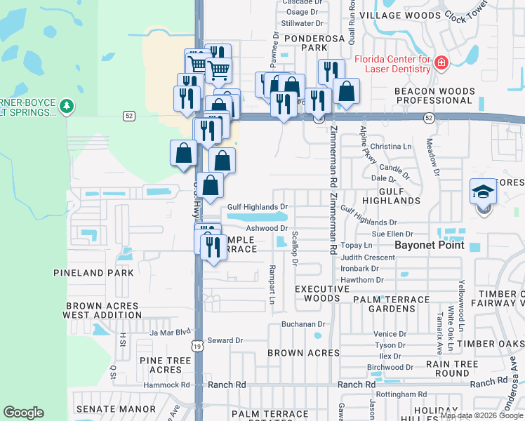map of restaurants, bars, coffee shops, grocery stores, and more near 7212 Gulf Highlands Drive in Port Richey