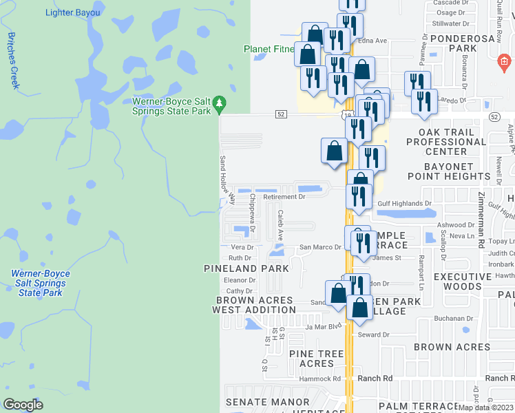 map of restaurants, bars, coffee shops, grocery stores, and more near 6500-6614 Sparrowood Lane in Port Richey