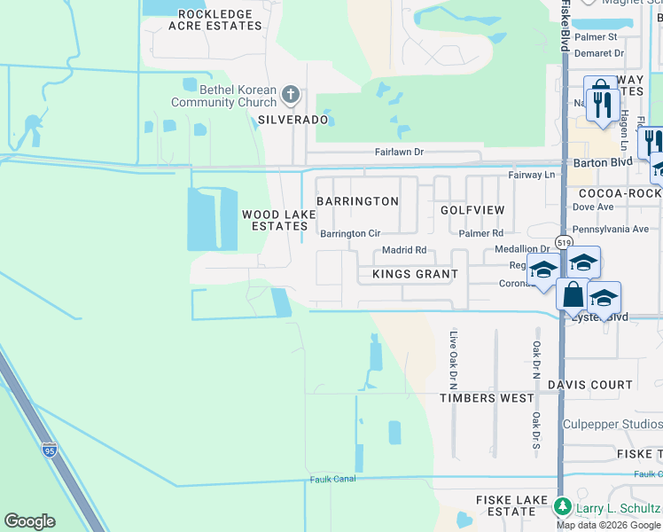 map of restaurants, bars, coffee shops, grocery stores, and more near 1111 Condado Drive in Rockledge