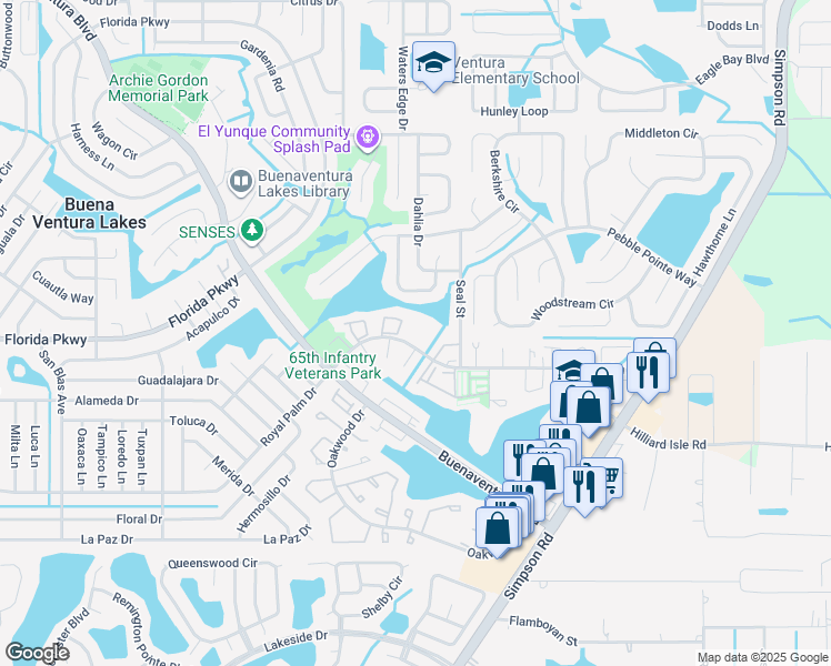 map of restaurants, bars, coffee shops, grocery stores, and more near 251 Taylor Lane in Kissimmee