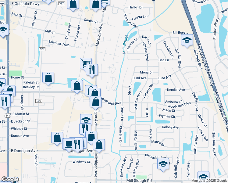 map of restaurants, bars, coffee shops, grocery stores, and more near 1331 Woodcrest Boulevard in Kissimmee