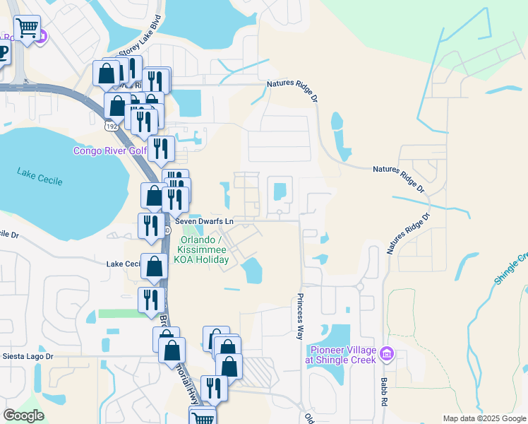 map of restaurants, bars, coffee shops, grocery stores, and more near 2716 Club Cortile Circle in Kissimmee