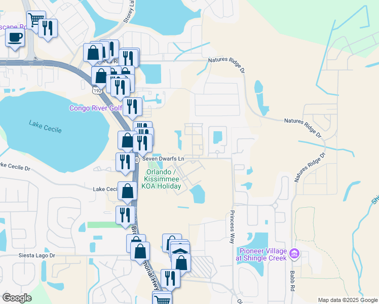 map of restaurants, bars, coffee shops, grocery stores, and more near 4624 Seven Dwarfs Lane in Kissimmee