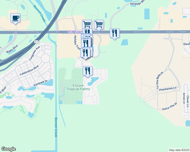 map of restaurants, bars, coffee shops, grocery stores, and more near 5722 Delorean Drive in Kissimmee