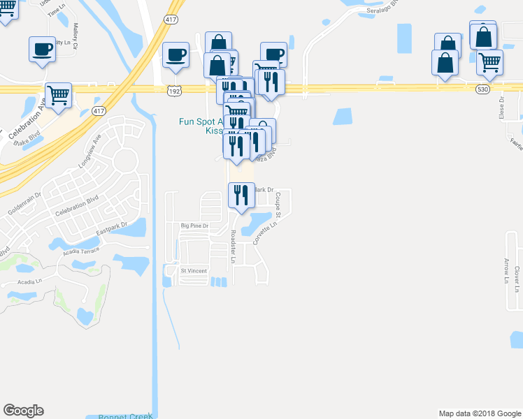 map of restaurants, bars, coffee shops, grocery stores, and more near 5722 Delorean Drive in Kissimmee