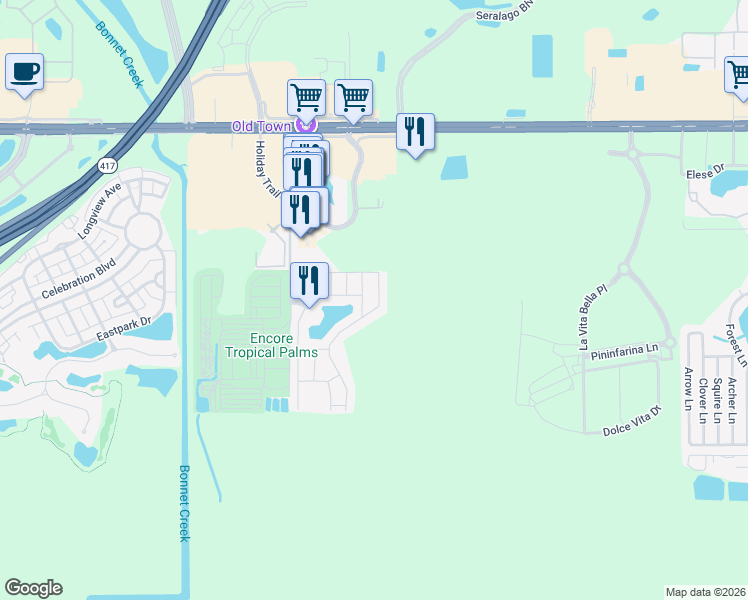 map of restaurants, bars, coffee shops, grocery stores, and more near 2740 Corvette Lane in Kissimmee