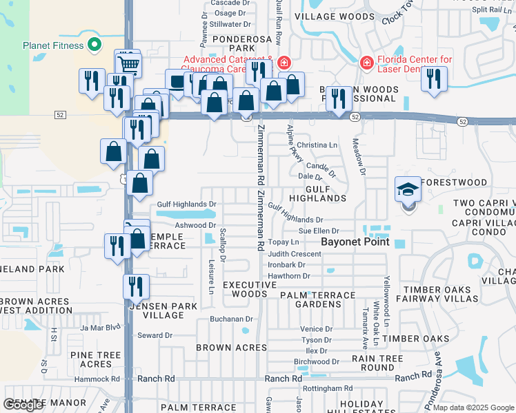 map of restaurants, bars, coffee shops, grocery stores, and more near 7436 Gulf Highlands Drive in Port Richey