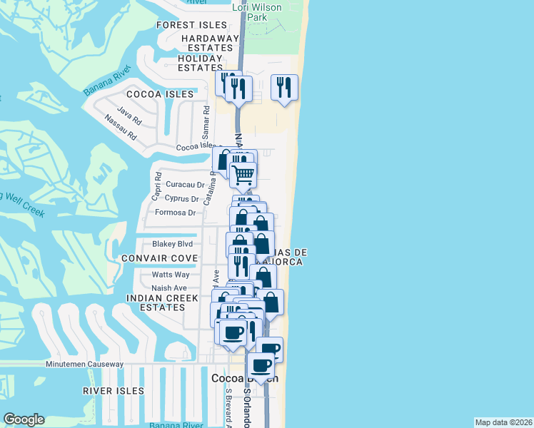 map of restaurants, bars, coffee shops, grocery stores, and more near 55 North 4th Street in Cocoa Beach