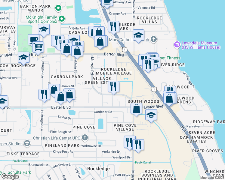 map of restaurants, bars, coffee shops, grocery stores, and more near 1006 Pathfinder Way in Rockledge