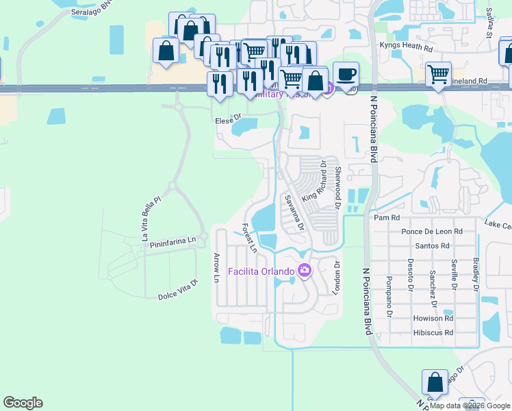 map of restaurants, bars, coffee shops, grocery stores, and more near 772 Forest Lane in Kissimmee