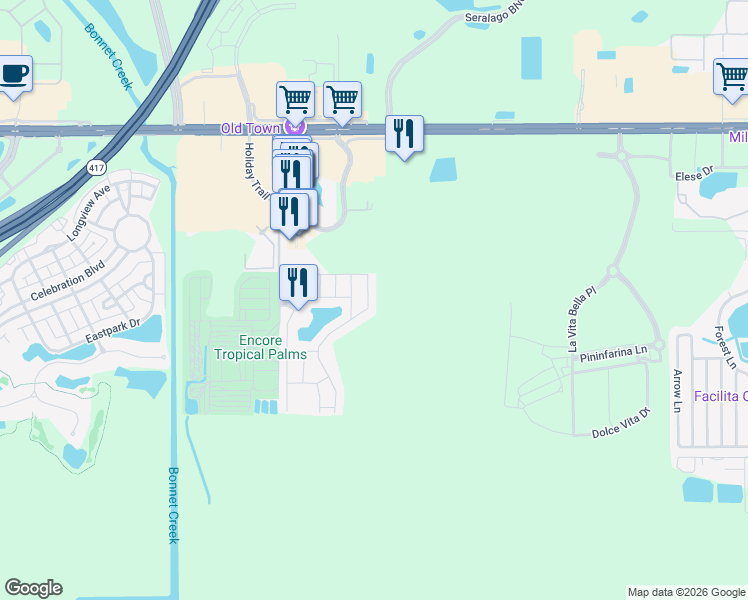 map of restaurants, bars, coffee shops, grocery stores, and more near 2740 Corvette Lane in Kissimmee