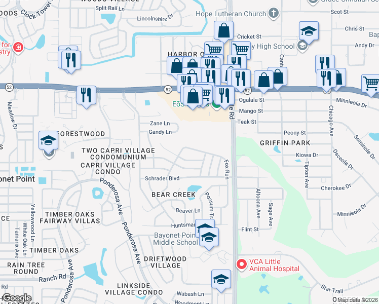 map of restaurants, bars, coffee shops, grocery stores, and more near 8741 Honeycomb Drive in Port Richey