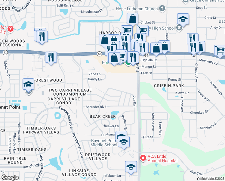 map of restaurants, bars, coffee shops, grocery stores, and more near 11633 Fox Run in Port Richey