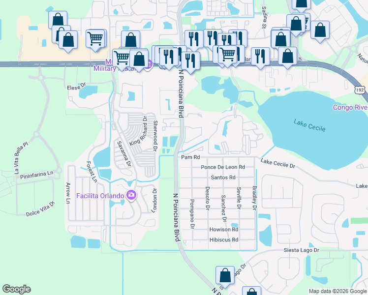 map of restaurants, bars, coffee shops, grocery stores, and more near 2729 North Poinciana Boulevard in Kissimmee
