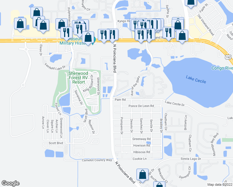map of restaurants, bars, coffee shops, grocery stores, and more near 2727 North Poinciana Boulevard in Kissimmee