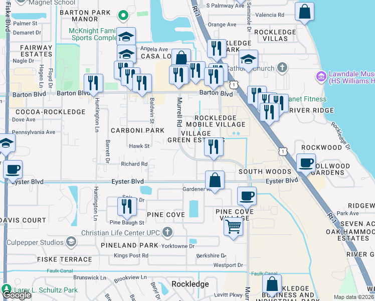 map of restaurants, bars, coffee shops, grocery stores, and more near 1187 Luther Drive in Rockledge