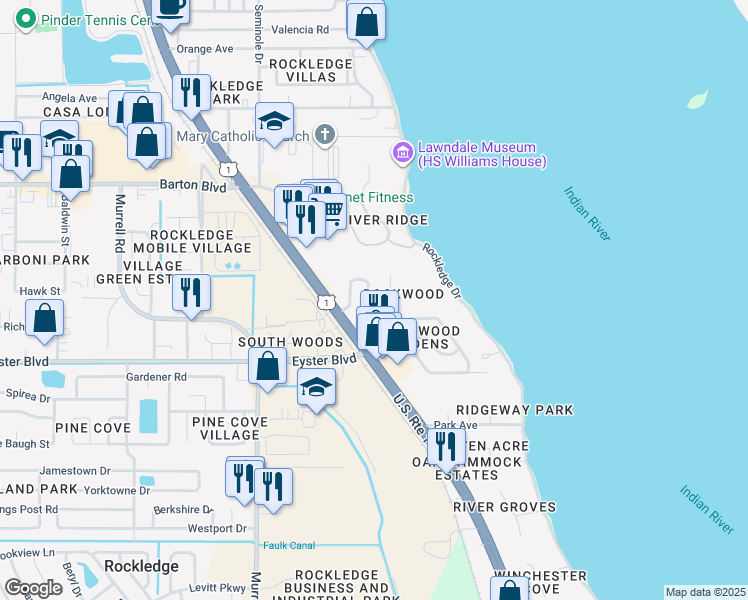 map of restaurants, bars, coffee shops, grocery stores, and more near 54 Knollwood Drive in Rockledge