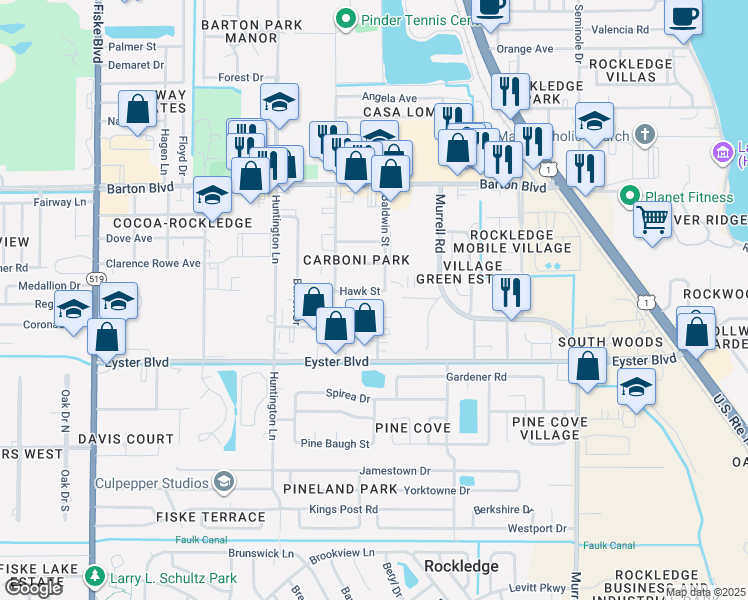 map of restaurants, bars, coffee shops, grocery stores, and more near 402 Richards Road in Rockledge